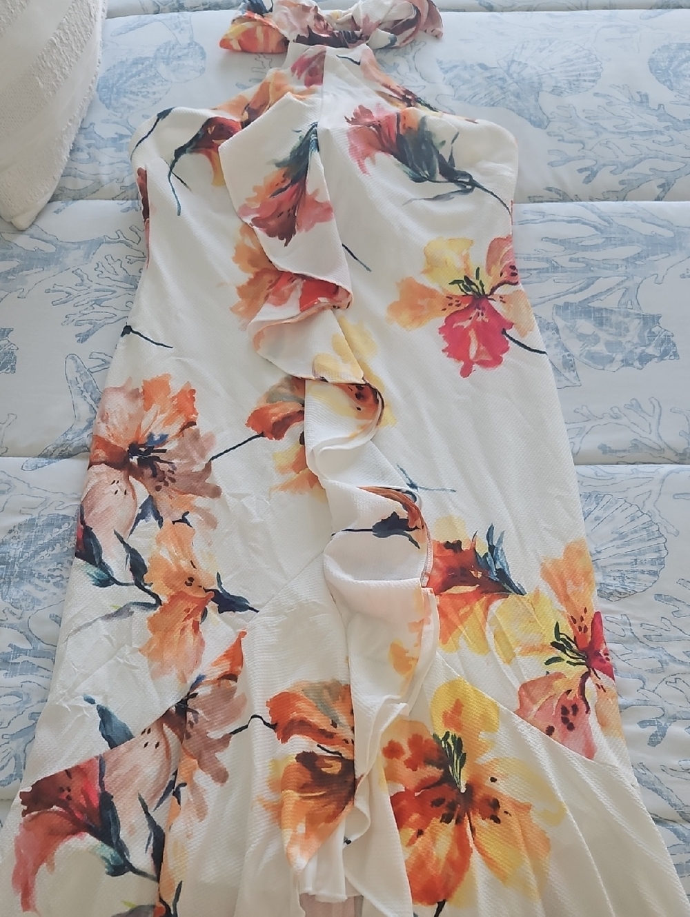 Ladie's Premier Amour White Floral Ruffle Halter High Low Dress